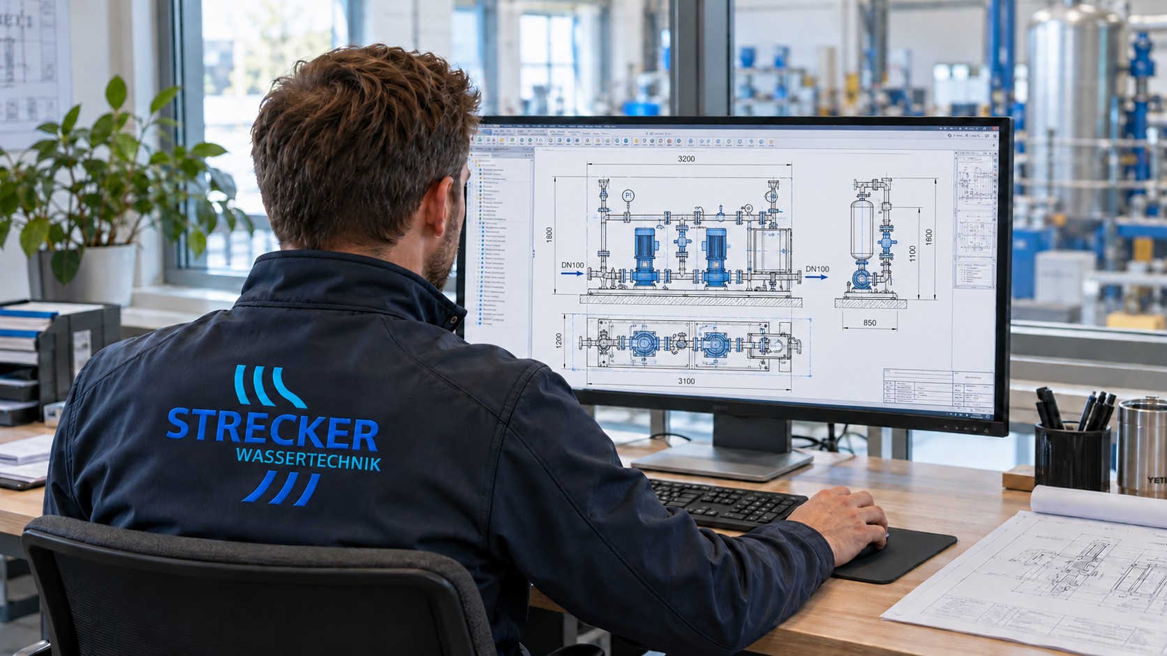 KI-Motiv: Ingenieur mit Strecker-Jacke bei der technischen Planung